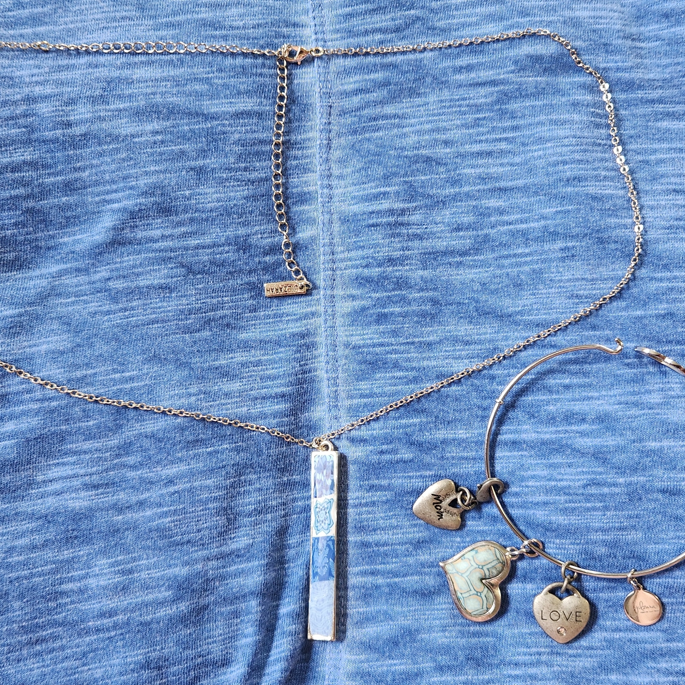 Silver And Blue Dainty Necklace With Heart Charms
